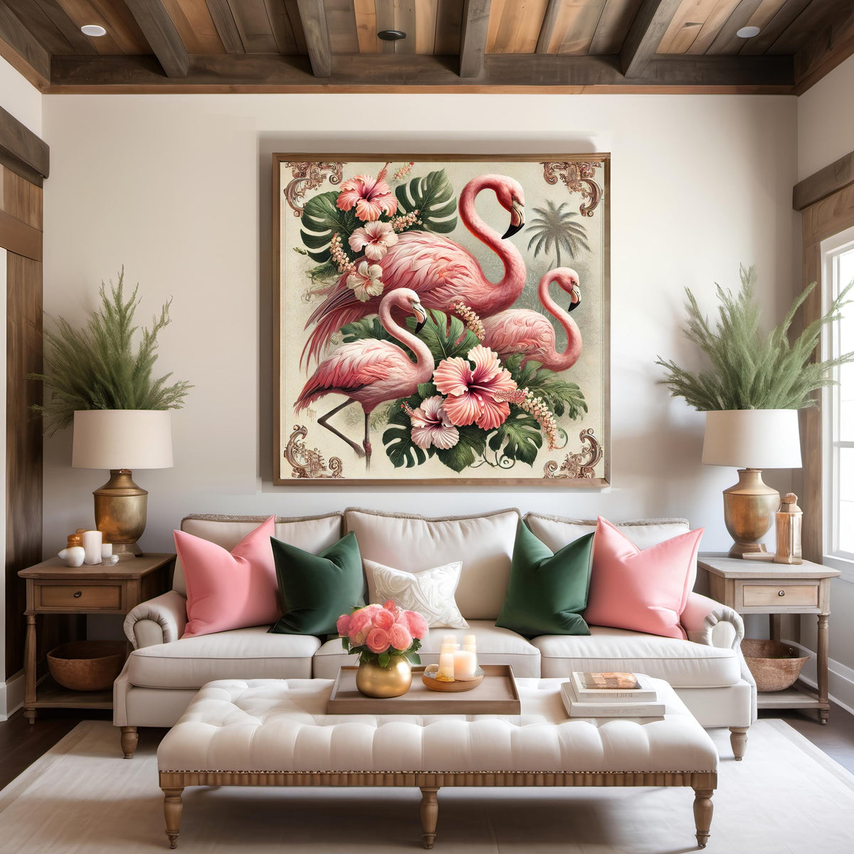 Vintage Flamingo Print: Tropical Hibiscus Floral Wall Art (Digital Download)