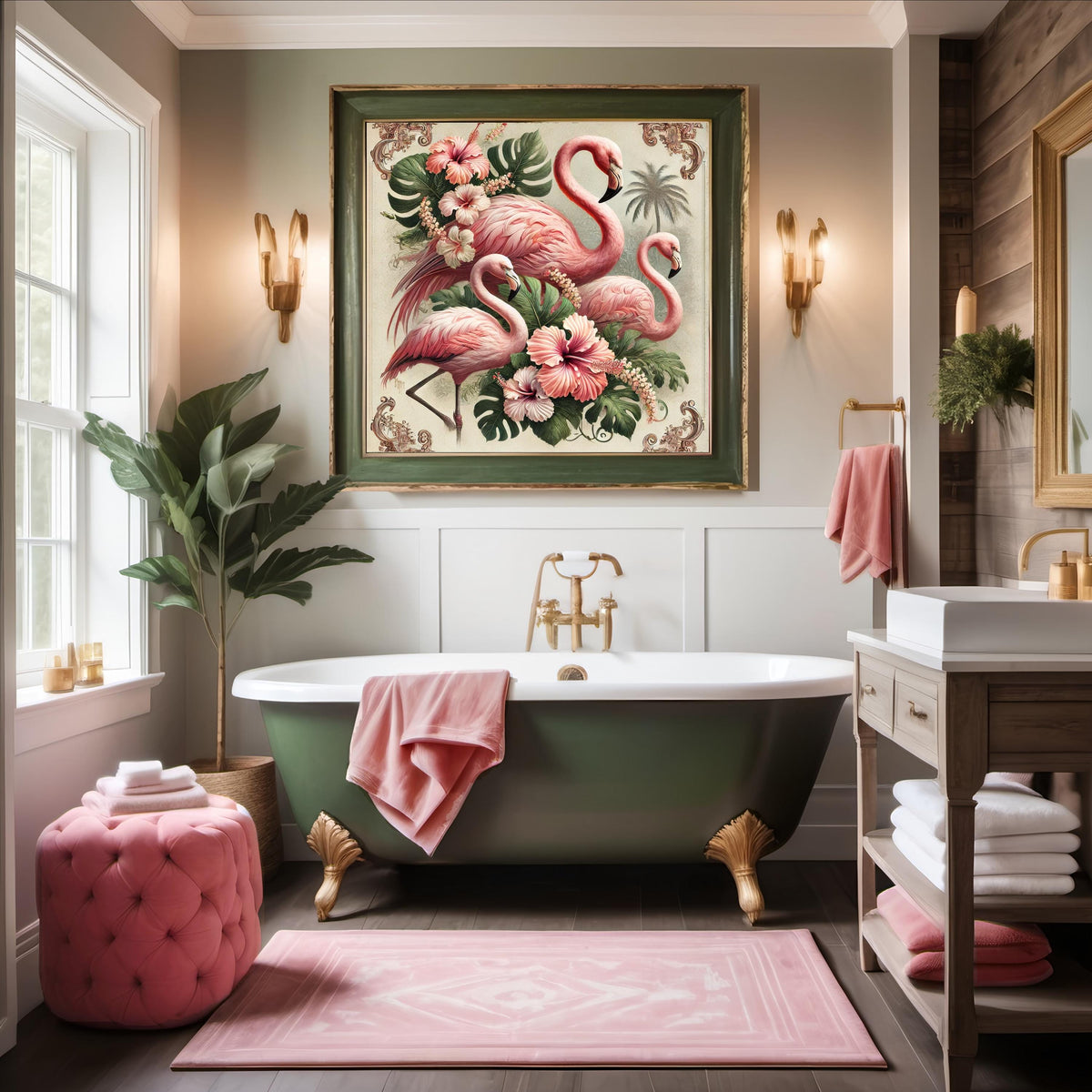 Vintage Flamingo Print: Tropical Hibiscus Floral Wall Art (Digital Download)
