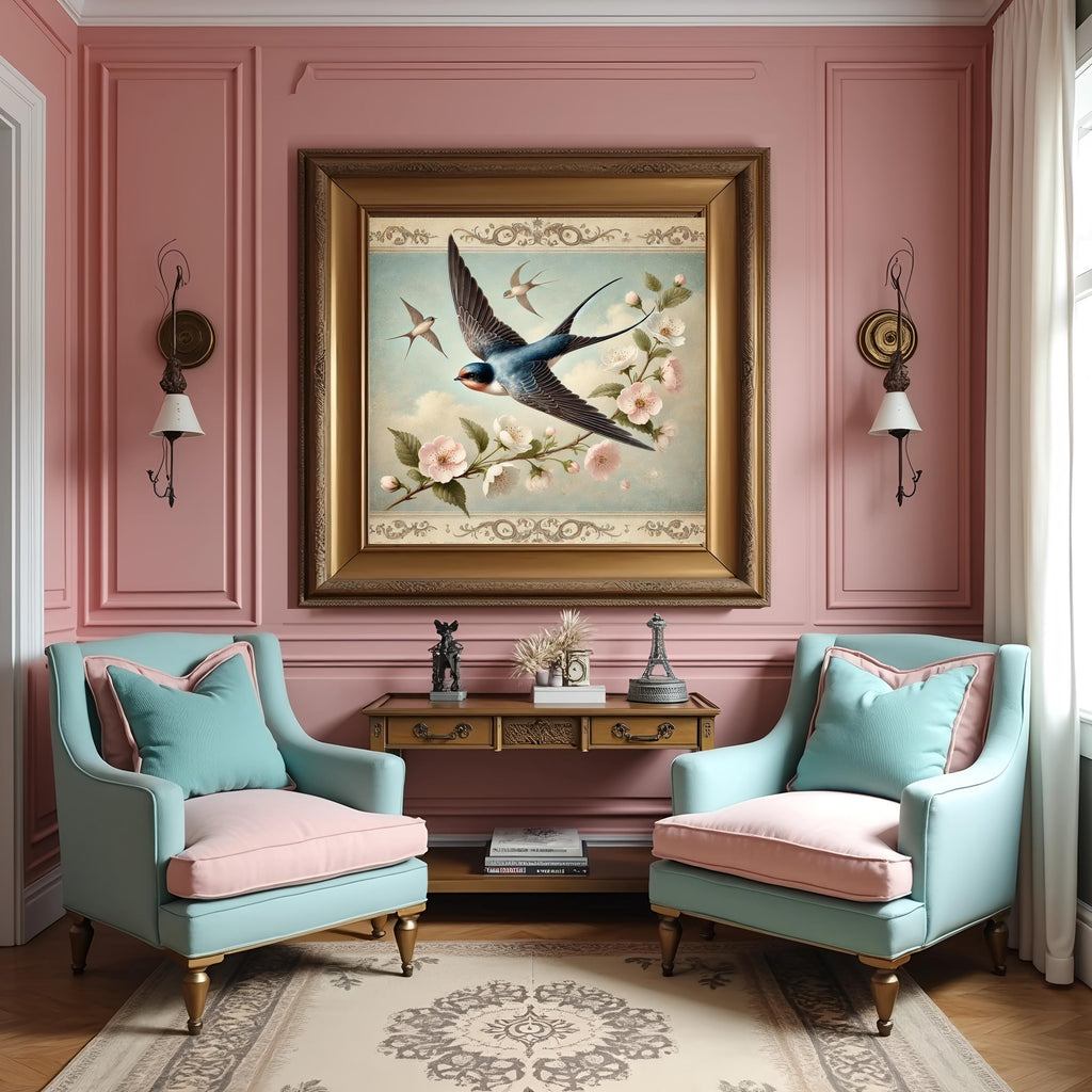 Vintage Swallows Cherry Blossom Print: Spring Bird Wall Art (Digital Download)
