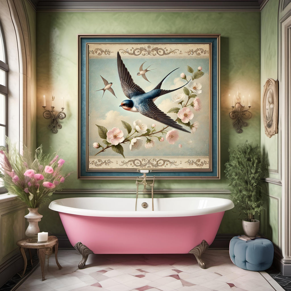 Vintage Swallows Cherry Blossom Print: Spring Bird Wall Art (Digital Download)