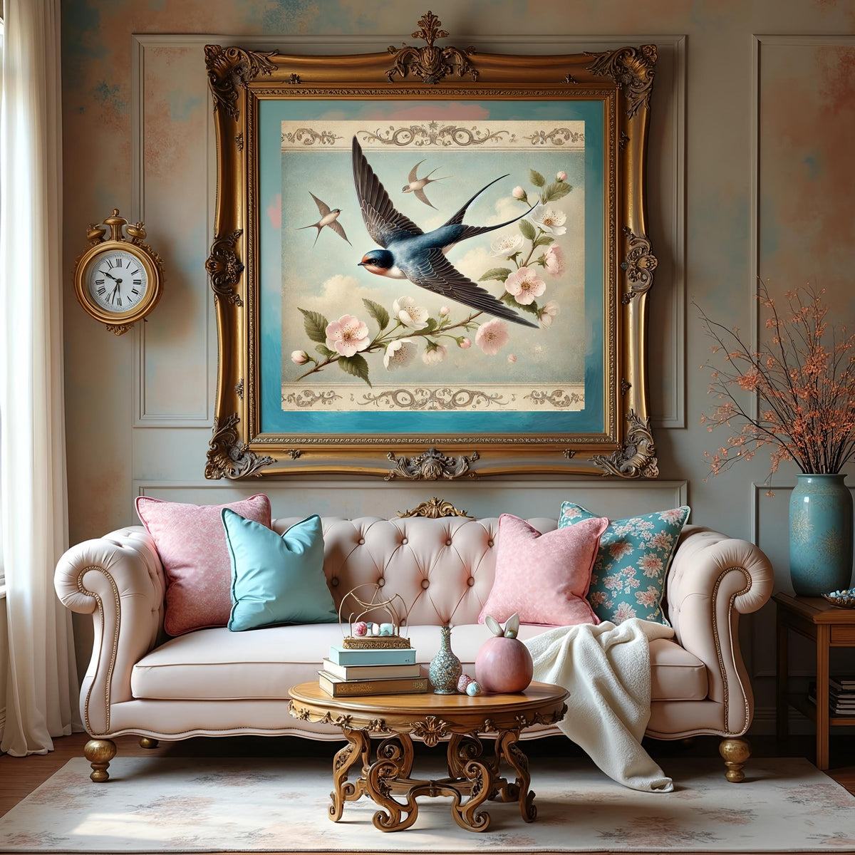 Vintage Swallows Cherry Blossom Print: Spring Bird Wall Art (Digital Download)