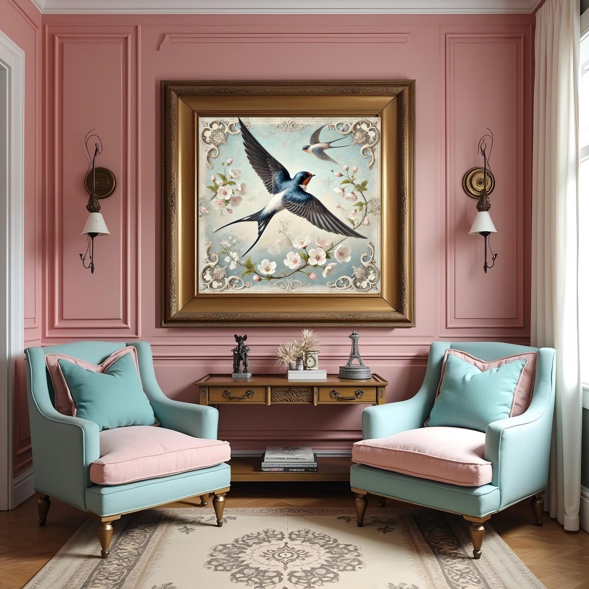 Vintage Swallows & Cherry Blossoms Print: Spring Bird Wall Art (Digital Download)