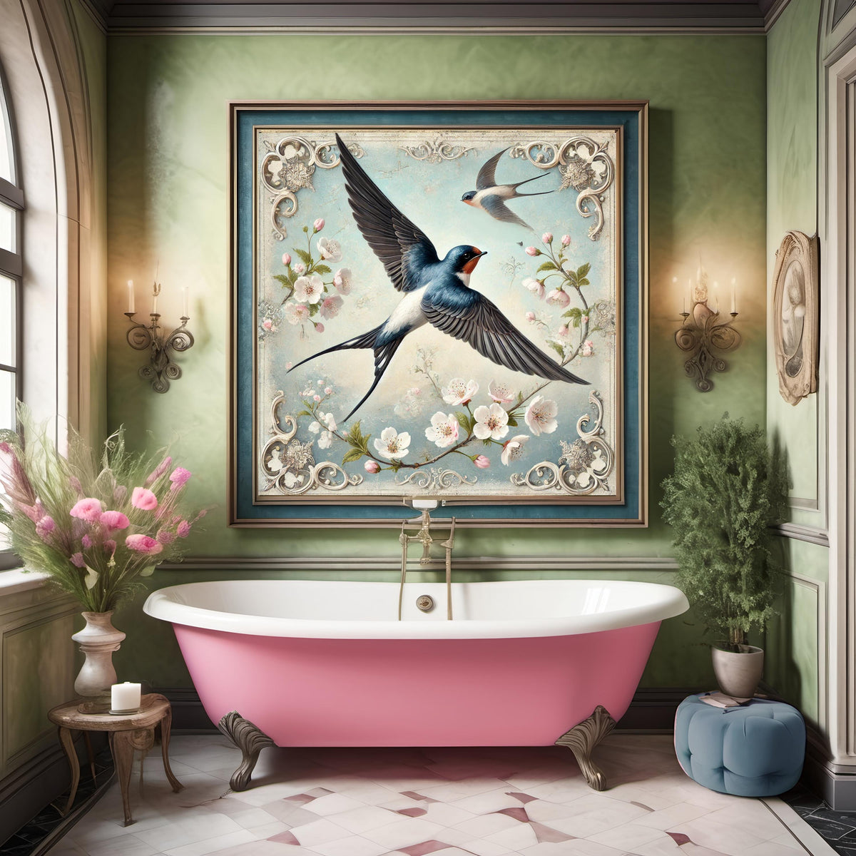 Vintage Swallows & Cherry Blossoms Print: Spring Bird Wall Art (Digital Download)