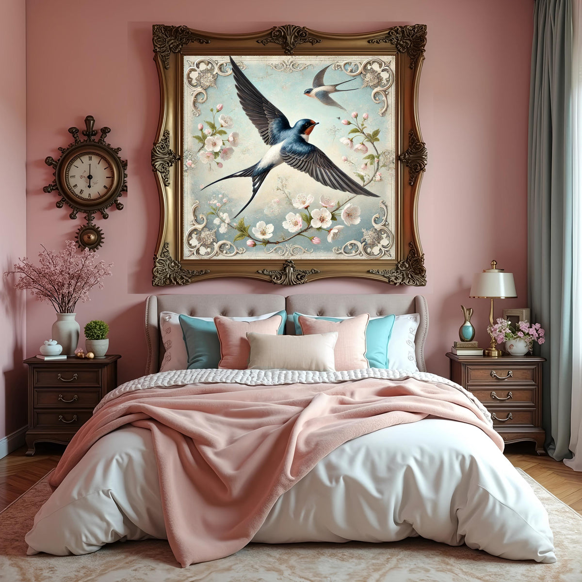 Vintage Swallows & Cherry Blossoms Print: Spring Bird Wall Art (Digital Download)