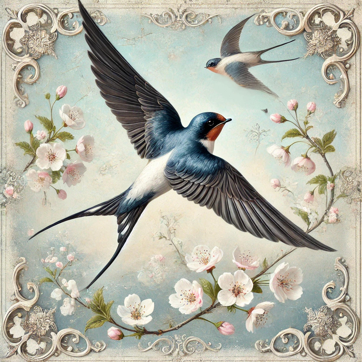 Vintage Swallows & Cherry Blossoms Print: Spring Bird Wall Art (Digital Download)