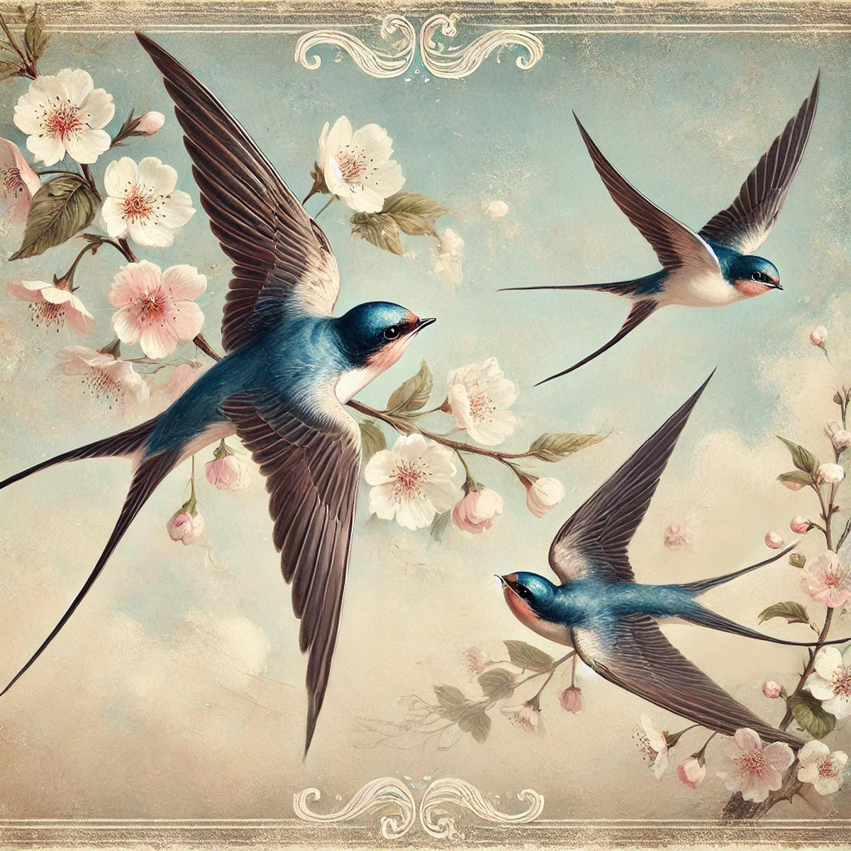 Vintage Swallows & Cherry Blossoms Print: Victorian Bird Art (Digital Download)