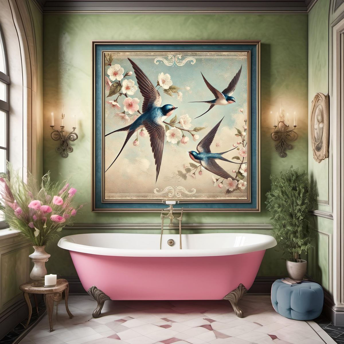 Vintage Swallows & Cherry Blossoms Print: Victorian Bird Art (Digital Download)