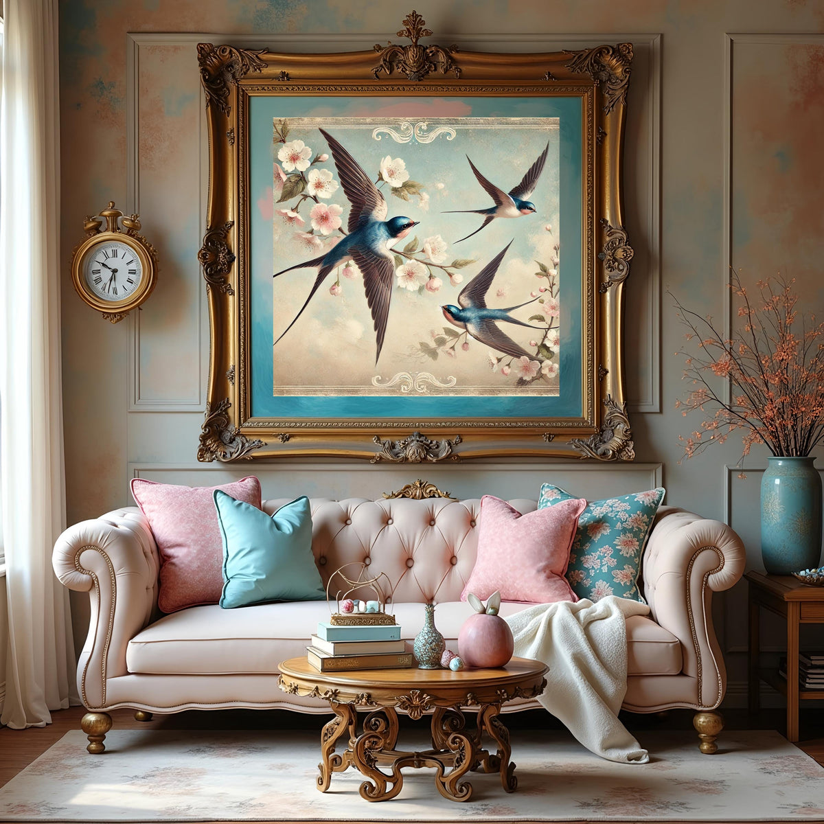 Vintage Swallows & Cherry Blossoms Print: Victorian Bird Art (Digital Download)
