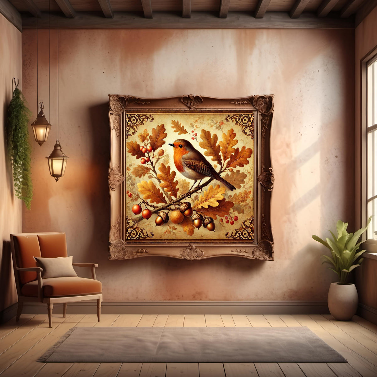 Vintage Fall Robin Print: Acorns & Oak Leaves (Digital Download)
