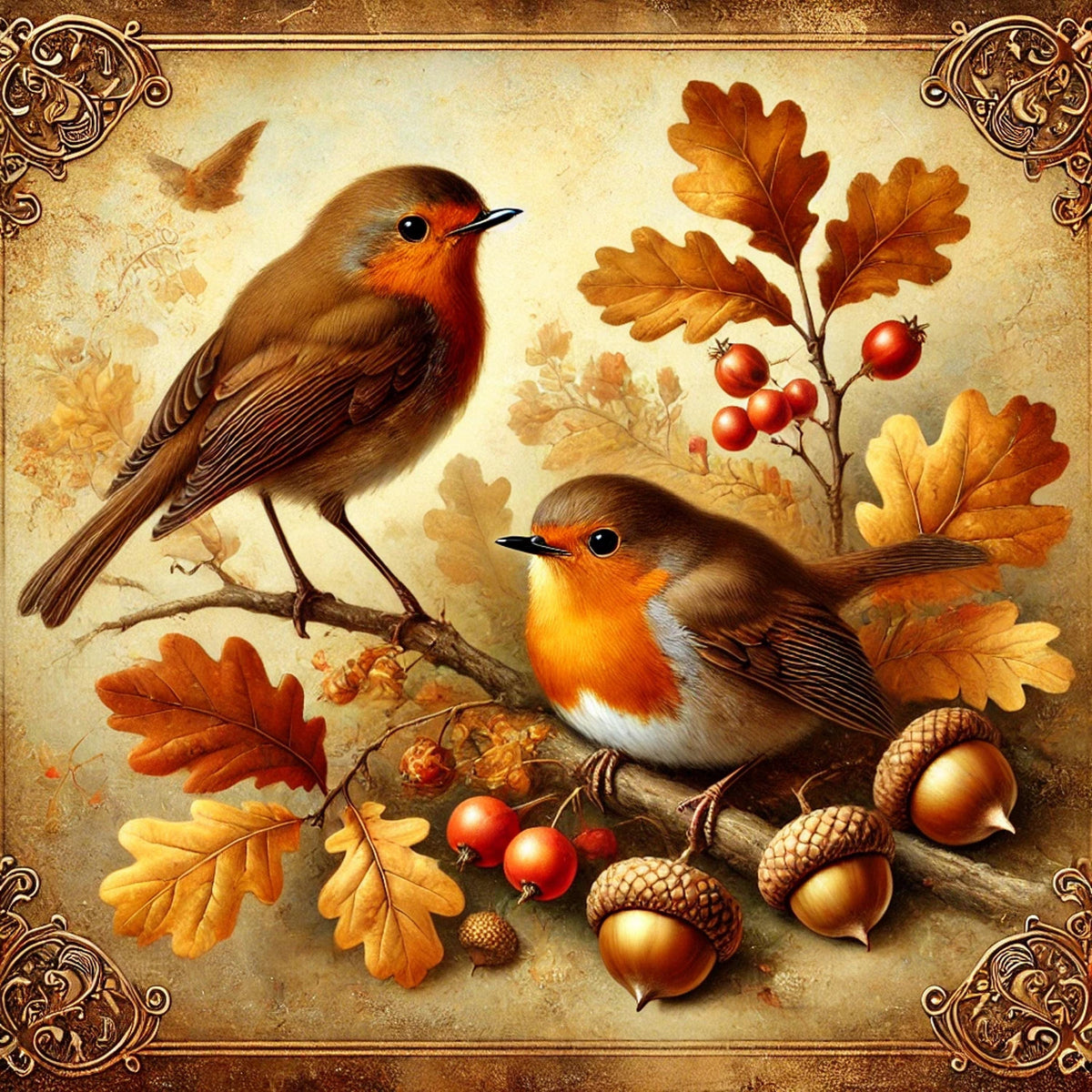 Vintage Fall Robin Print: Acorns & Oak Leaves (Digital Download)