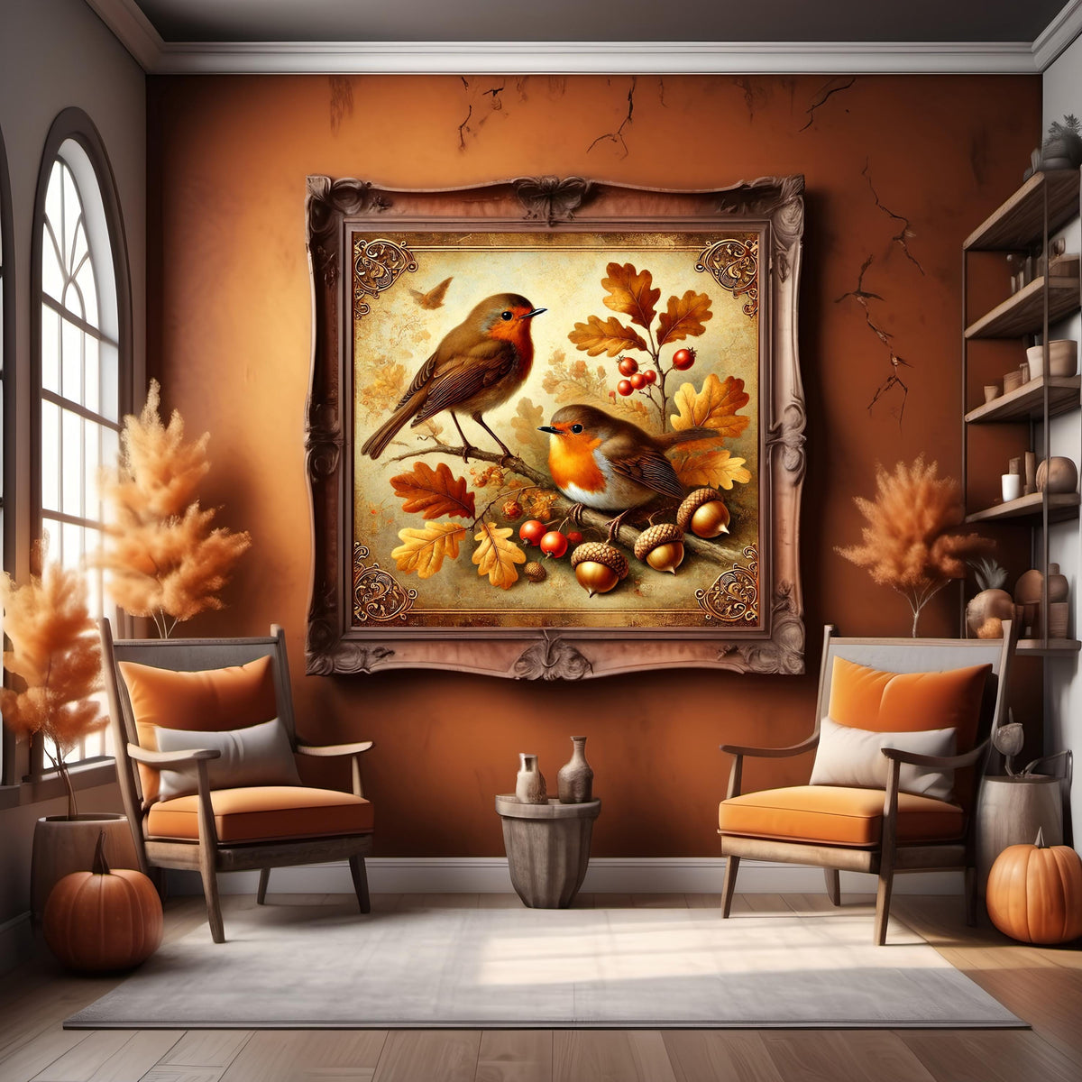 Vintage Autumn Robin Digital Print: Acorns & Oak Leaves (Digital Download 4096x4096px)