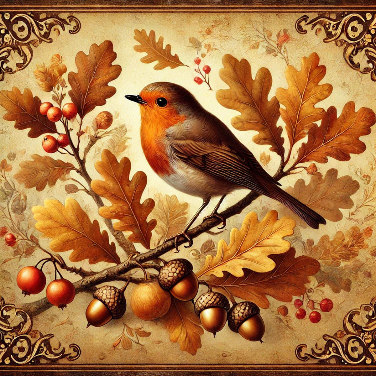 Vintage Autumn Robin Digital Print: Acorns & Oak Leaves (Digital Download 4096x4096px)