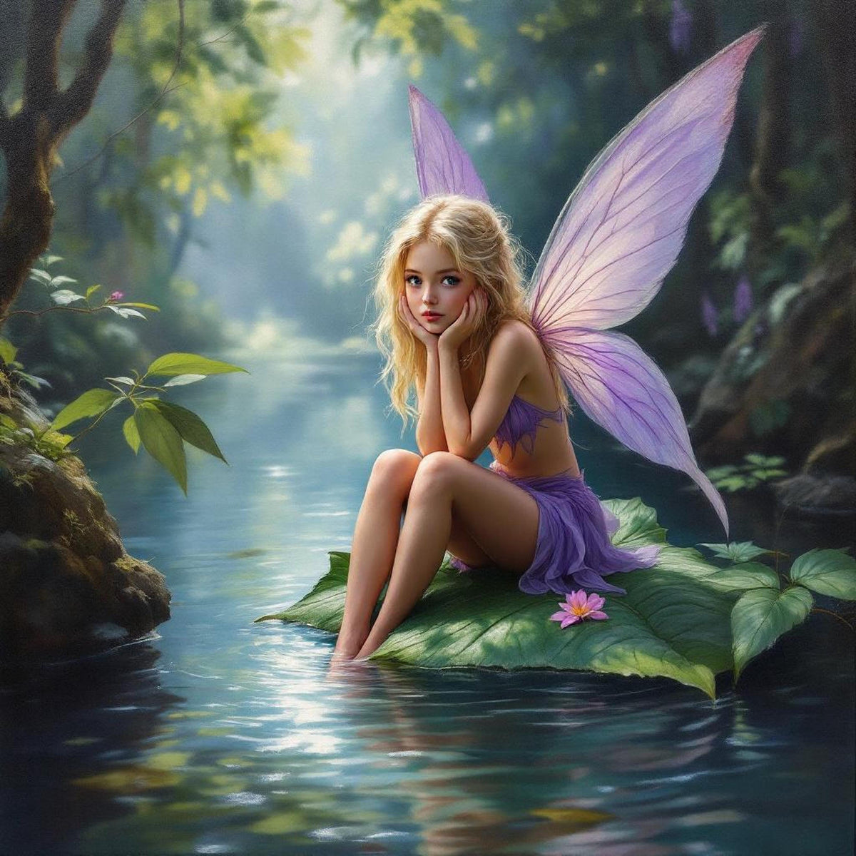 Fairy on Leaf Print: Enchanted Forest Fantasy Art (Digital Download 40x40 inches)