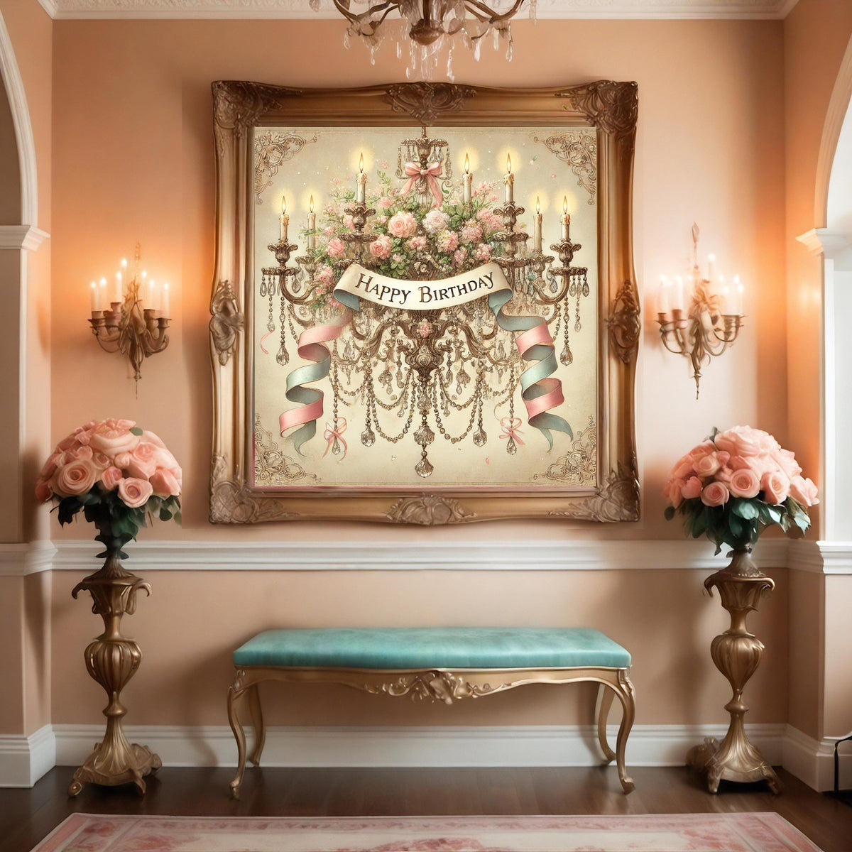 Vintage Birthday Chandelier Print: Floral Crystal Victorian Art (Digital Download)