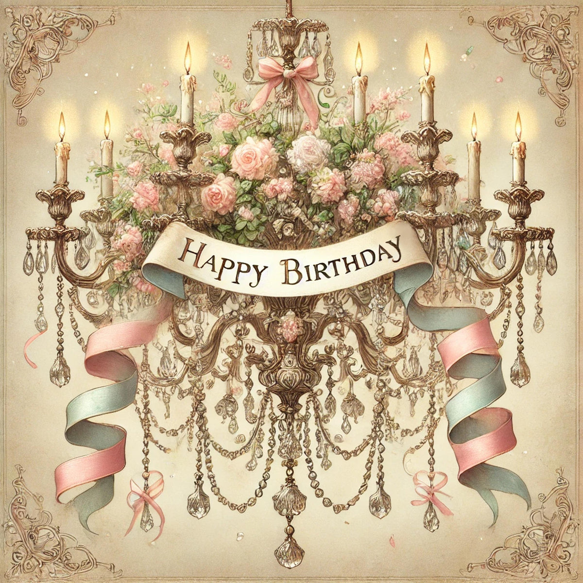 Vintage Birthday Chandelier Print: Floral Crystal Pastel Art (Digital Download)