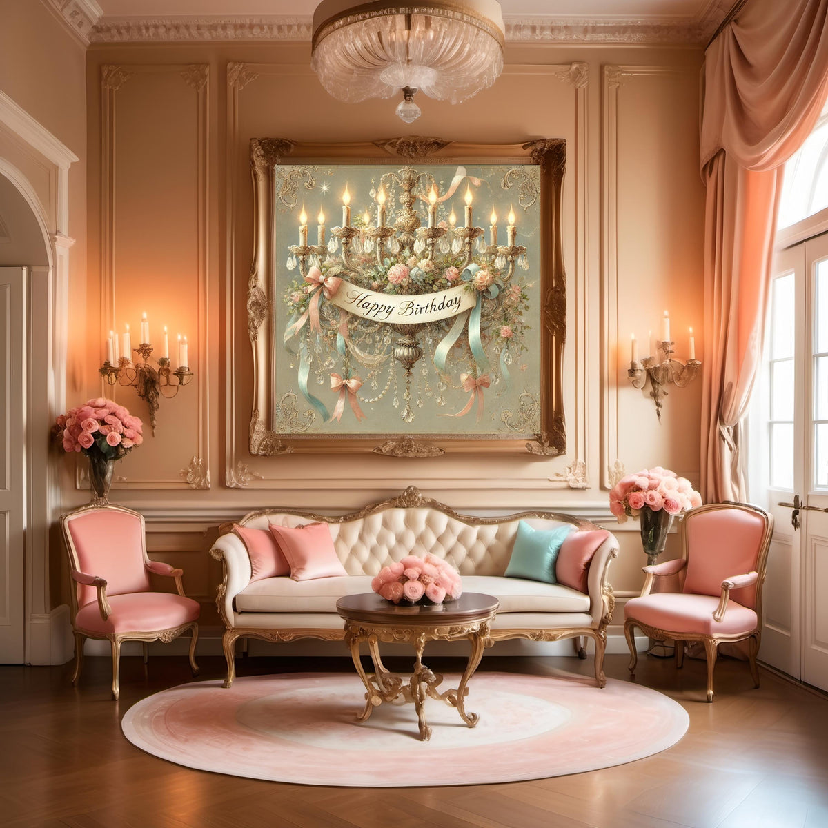 Vintage Birthday Chandelier Print: Floral Crystal Pastel Art (Digital Download)