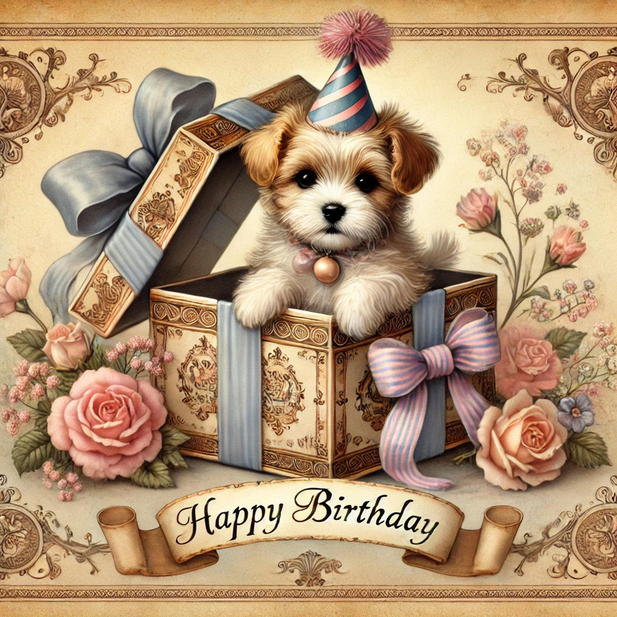 Vintage Puppy Birthday Print: Victorian Dog in Gift Box (Digital Download)