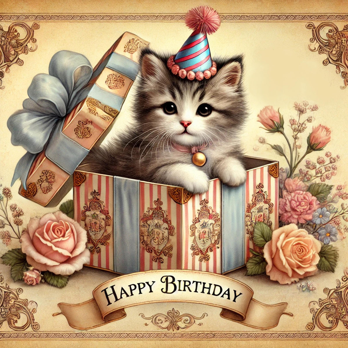 Vintage Birthday Kitten Print: Victorian Cat in Gift Box (Digital Download)