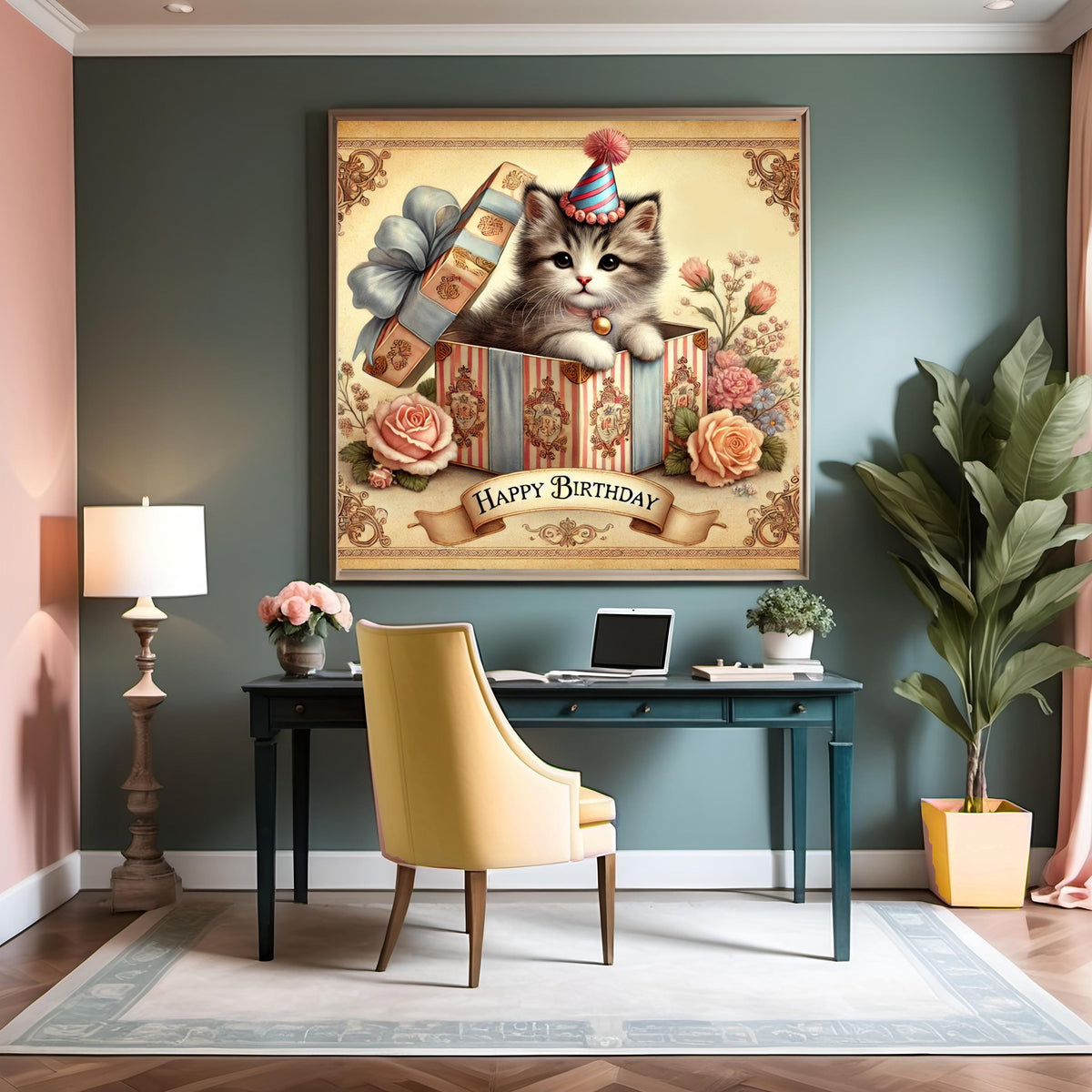 Vintage Birthday Kitten Print: Victorian Cat in Gift Box (Digital Download)