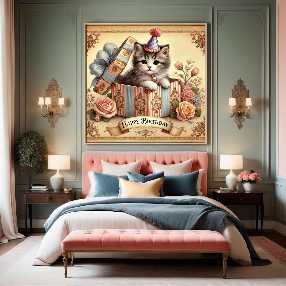 Vintage Birthday Kitten Print: Victorian Cat in Gift Box (Digital Download)