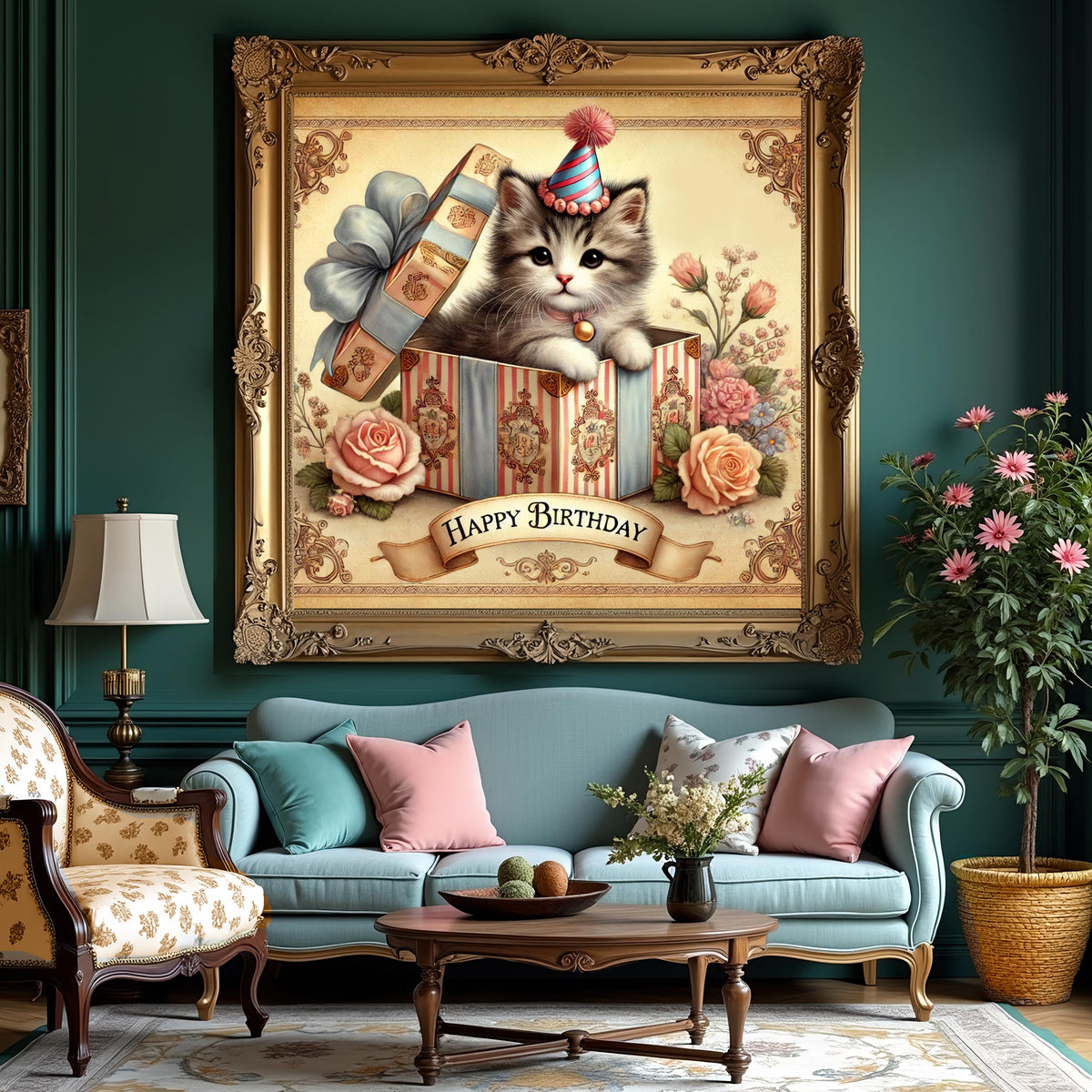 Vintage Birthday Kitten Print: Victorian Cat in Gift Box (Digital Download)