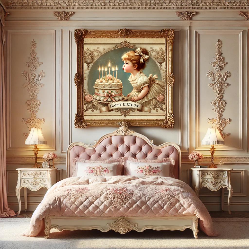 Victorian Birthday Girl Print: Cake & Candles, Vintage Party Decor (PNG Download)