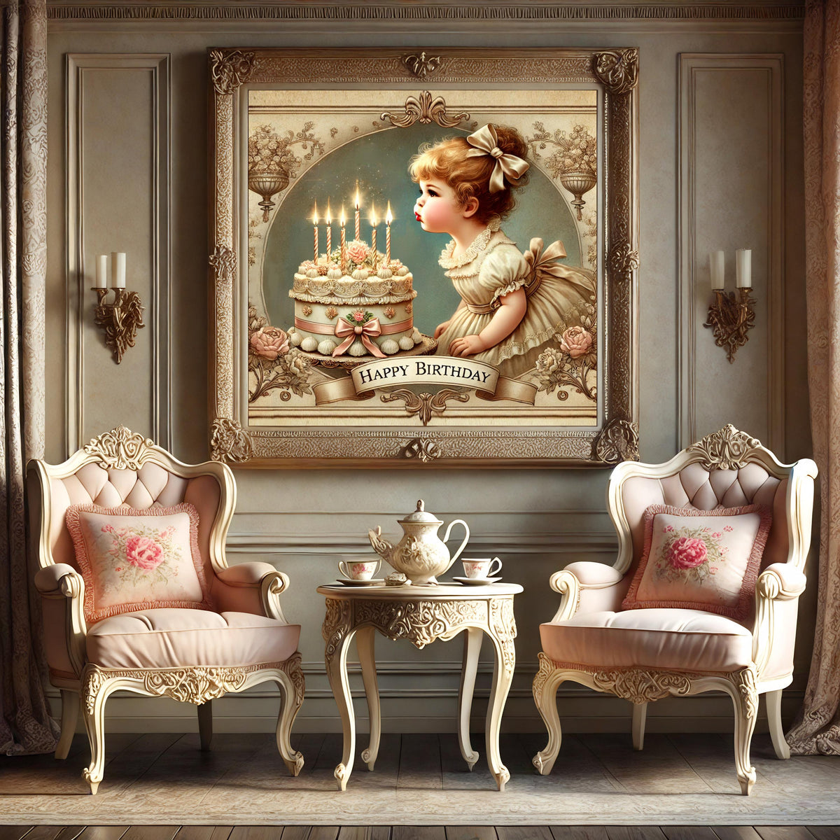 Victorian Birthday Girl Print: Cake & Candles, Vintage Party Decor (PNG Download)