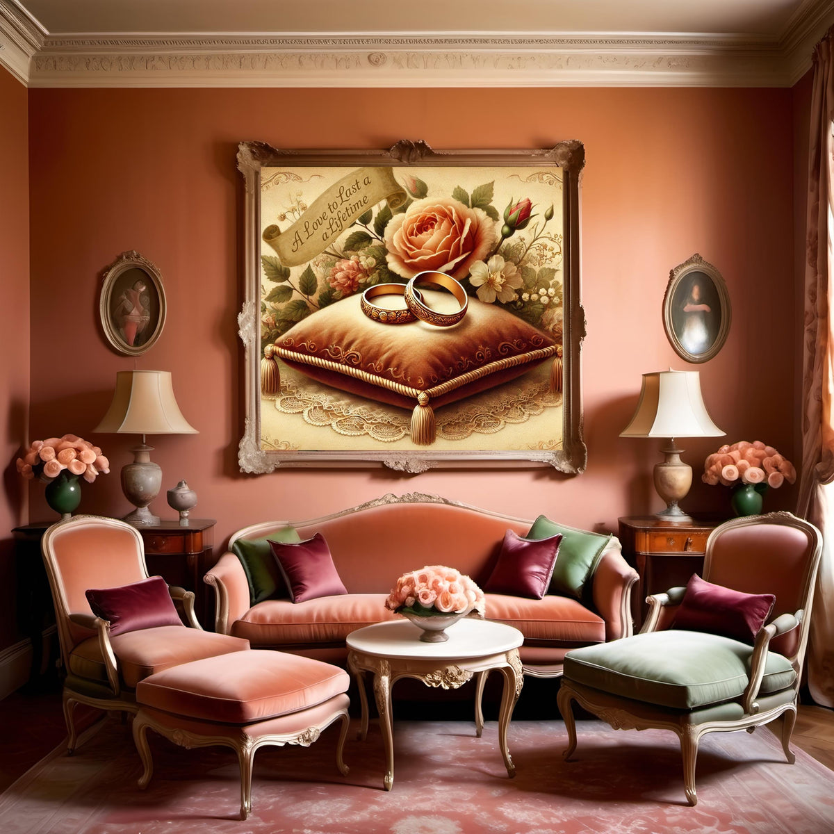 Vintage Wedding Rings Art Print, Romantic Floral Cushion (Digital Download)