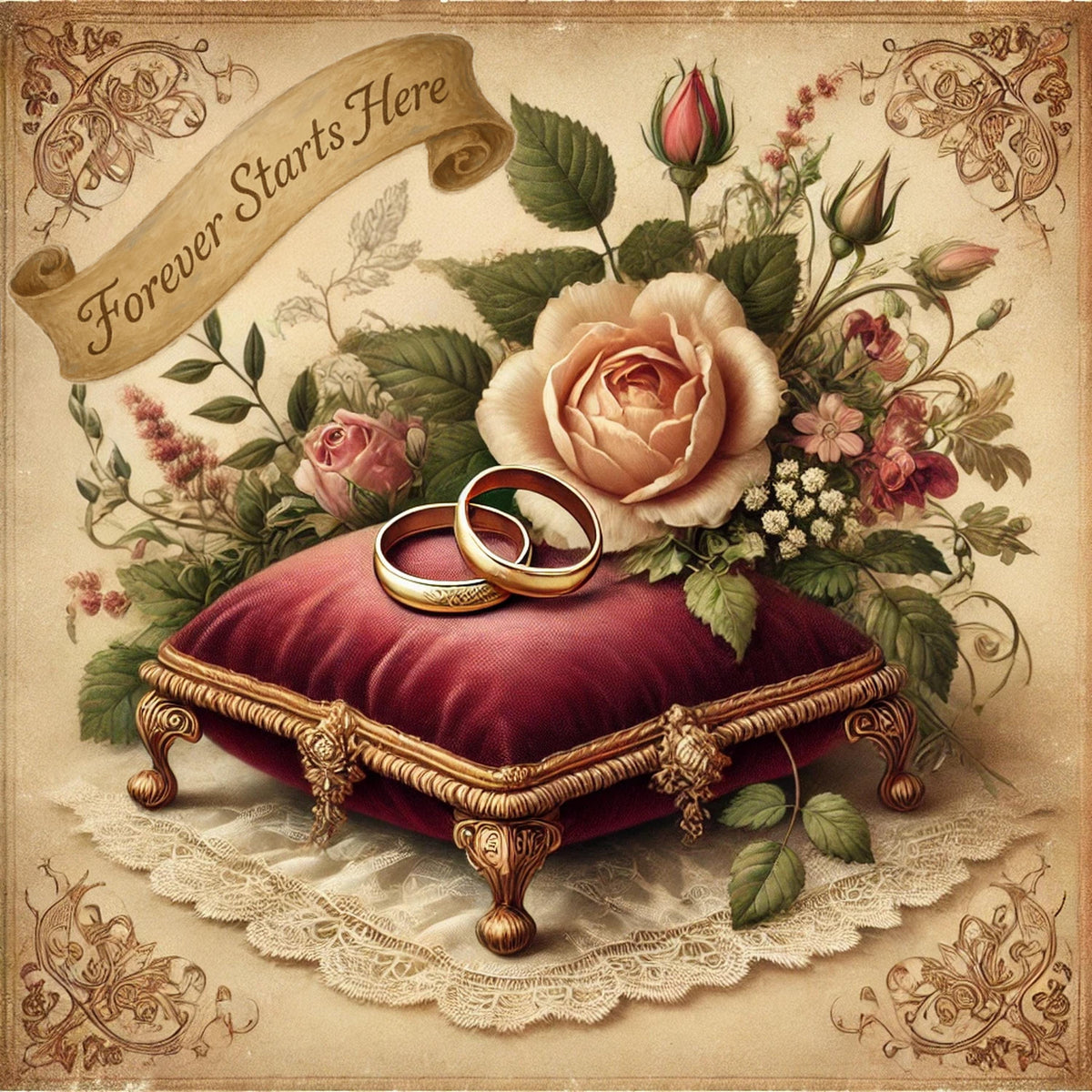 Vintage Wedding Rings Art Print: Floral Velvet Cushion (Digital Download)