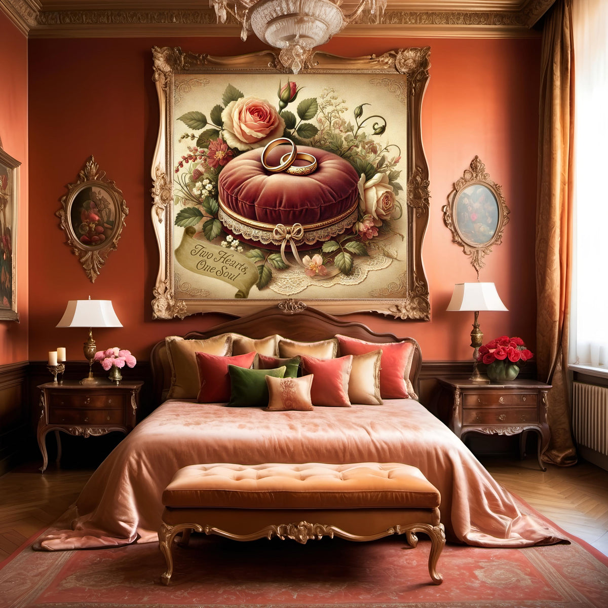 Vintage Wedding Rings Art Print: Two Hearts One Soul, Floral Cushion (Digital Download)