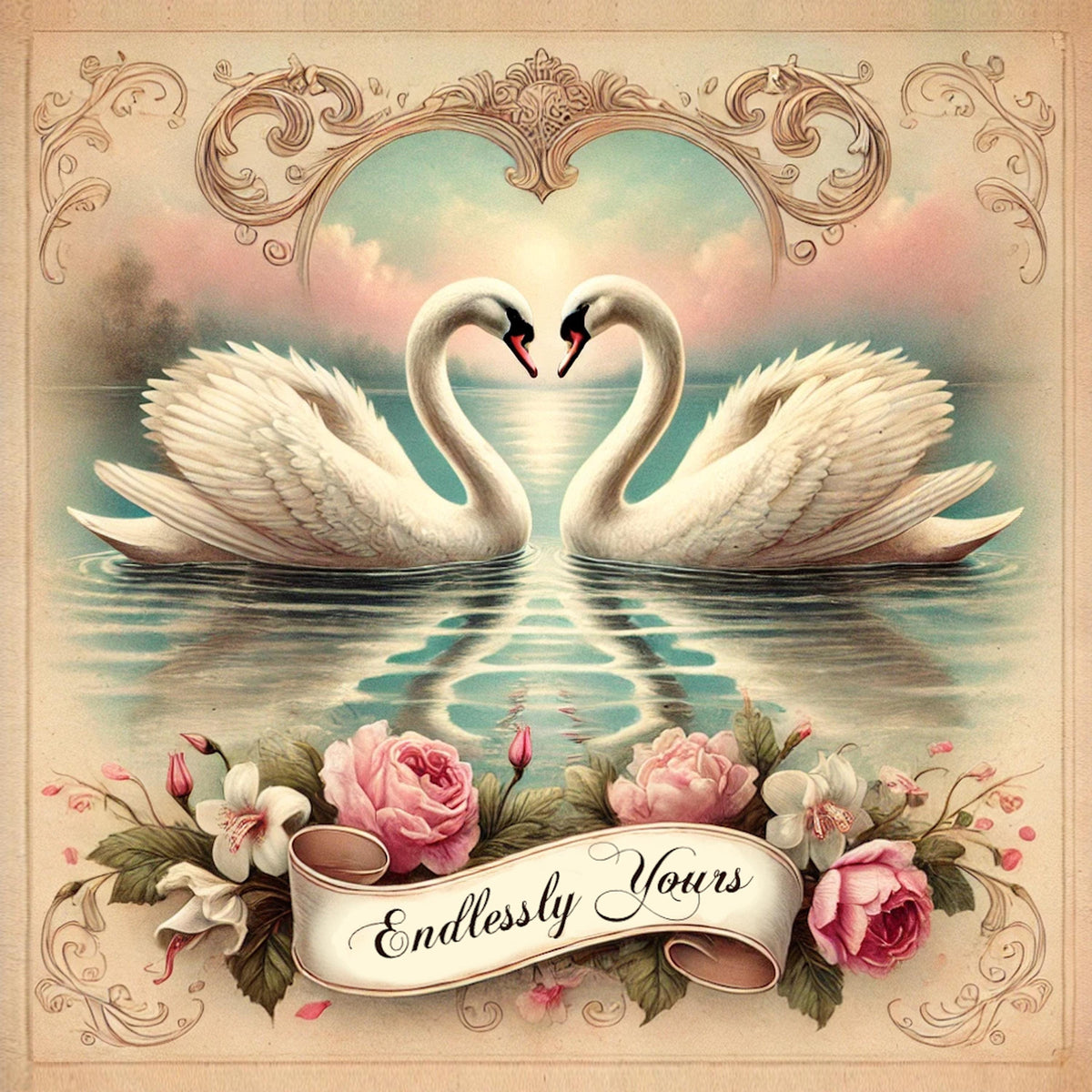 Swan Couple Vintage Romantic Print: Heart-Shaped Swans Anniversary Art (Digital Download)