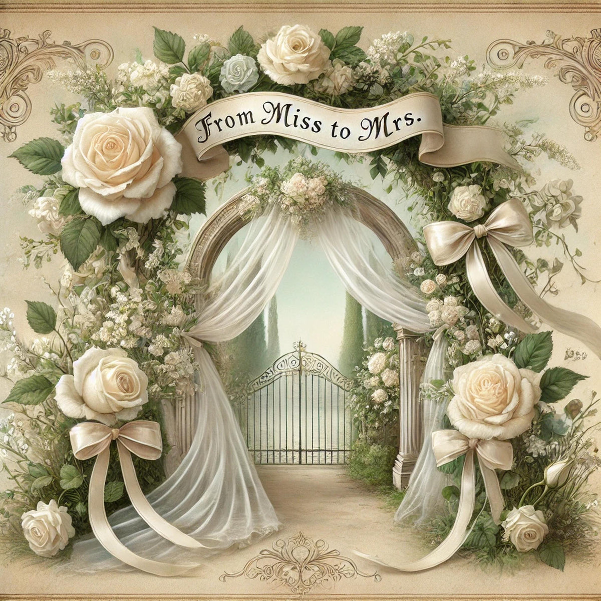 Vintage Bridal Shower Sign: Floral Arch, Ivory Roses (Digital Download PNG)