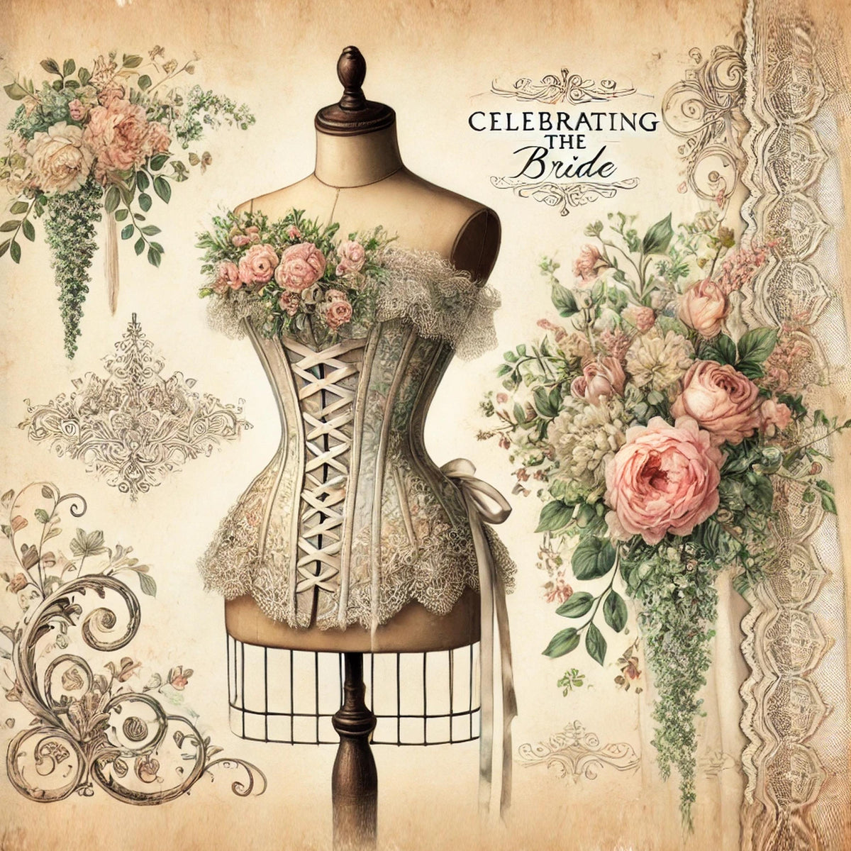 Vintage Bridal Corset Art Print: Floral Victorian Wedding Decor (Digital Download PNG)