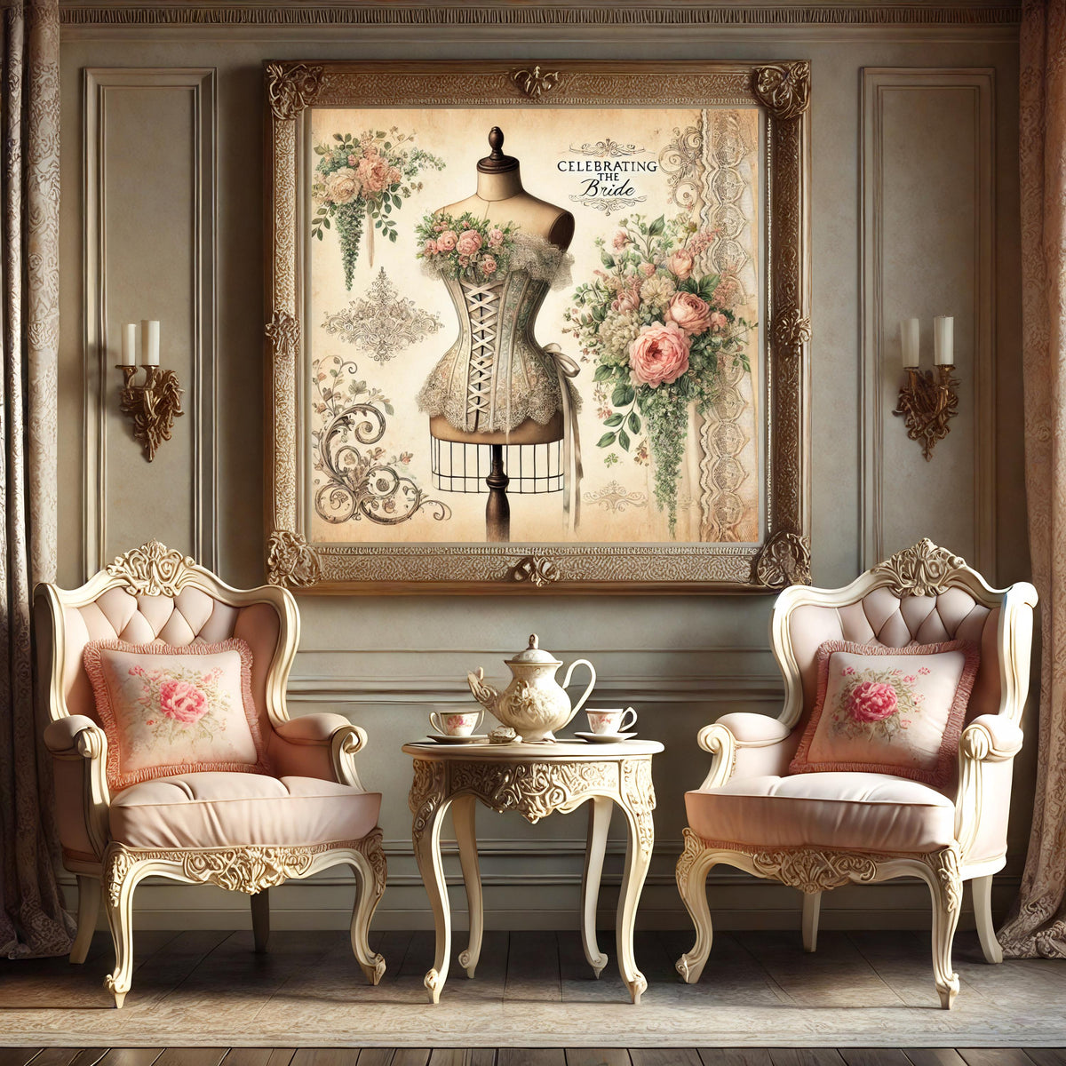 Vintage Bridal Corset Art Print: Floral Victorian Wedding Decor (Digital Download PNG)