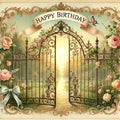Vintage Birthday Garden Gate Print: Ornate Floral Digital Art
