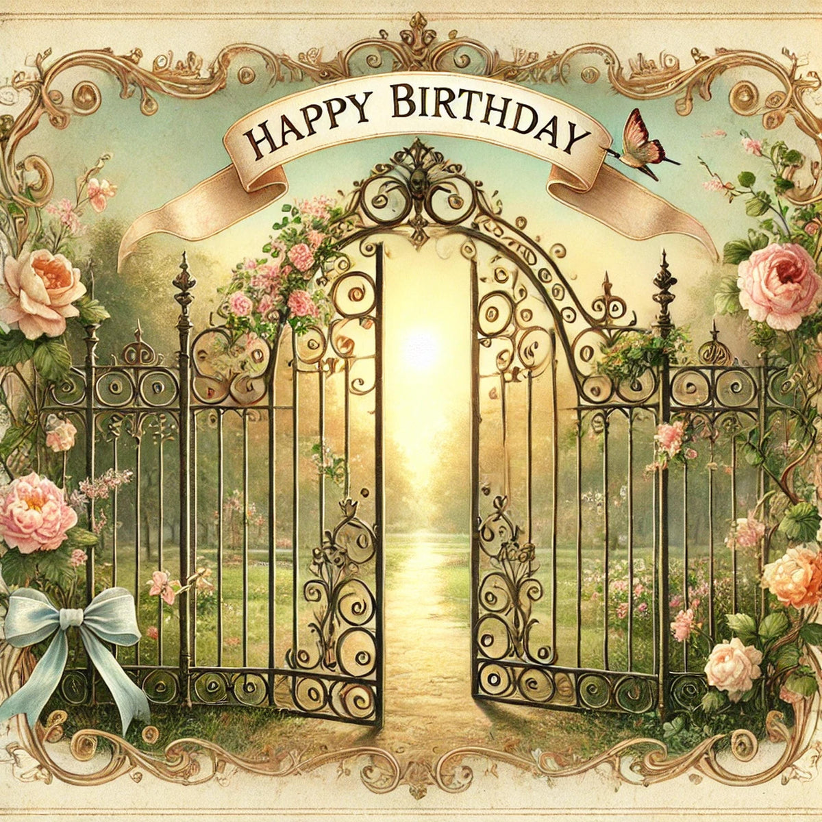 Vintage Birthday Garden Gate Print: Ornate Floral Digital Art