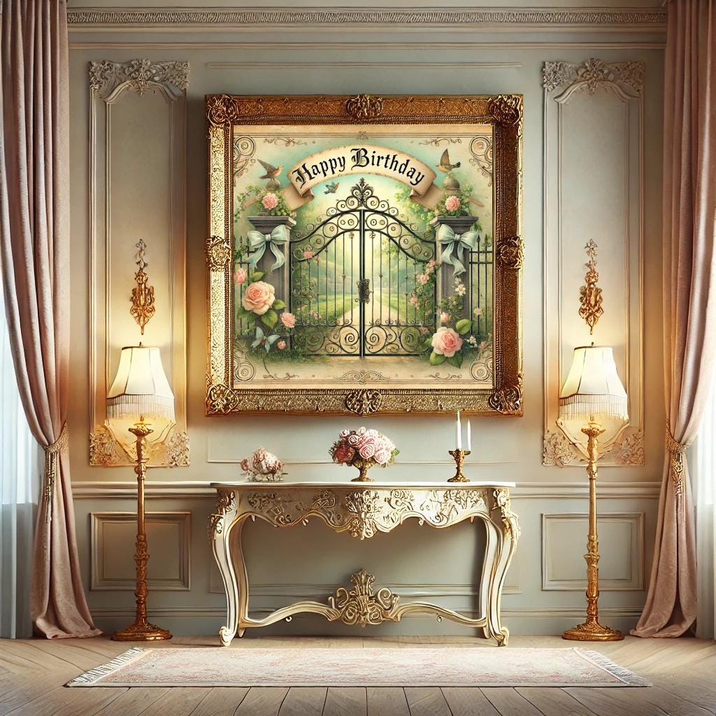 Vintage Birthday Garden Gate Print: Ornate Floral Wall Art (Digital Download)