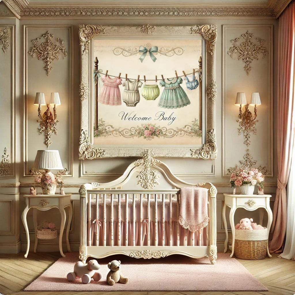 Vintage Baby Clothesline Art Print: Pastel Nursery Decor (Digital Download)