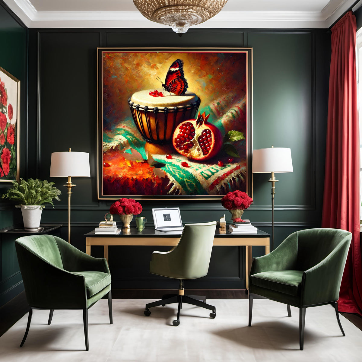 Juneteenth Art Print: African Drum, Pomegranate, Butterfly (Digital Download 4096X4096px)