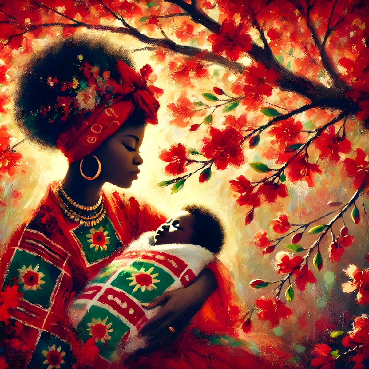 Mother and Child Art Print: African Heritage, Red Flowering Tree (Digital Download)