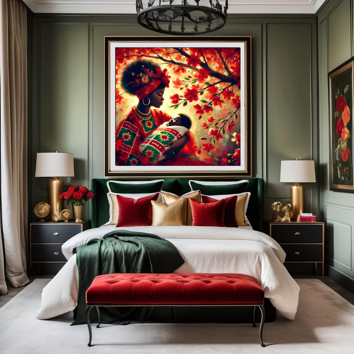 Mother and Child Art Print: African Heritage, Red Flowering Tree (Digital Download)