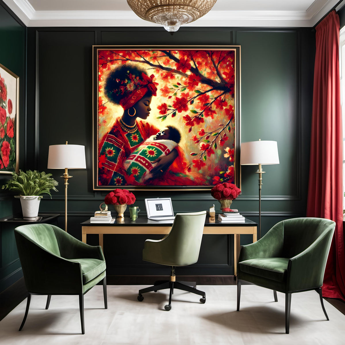Mother and Child Art Print: African Heritage, Red Flowering Tree (Digital Download)
