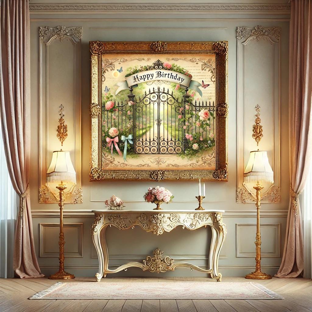 Vintage Happy Birthday Garden Gate Print: Ornate Floral Digital Art (PNG Download)