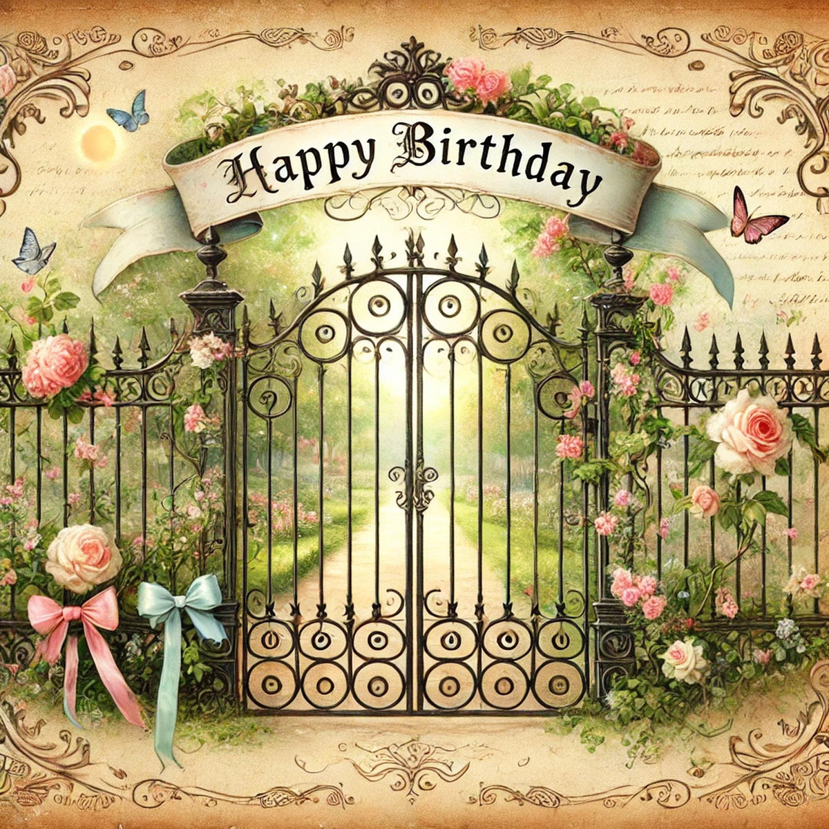 Vintage Happy Birthday Garden Gate Print: Ornate Floral Digital Art (PNG Download)