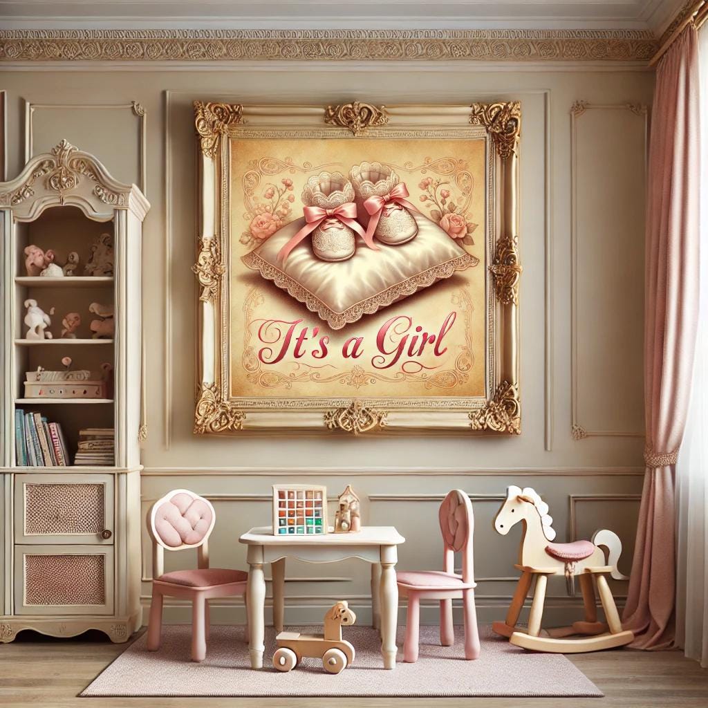 It's a Girl Vintage Baby Announcement: Pink Booties Nursery Art (Digital Download)