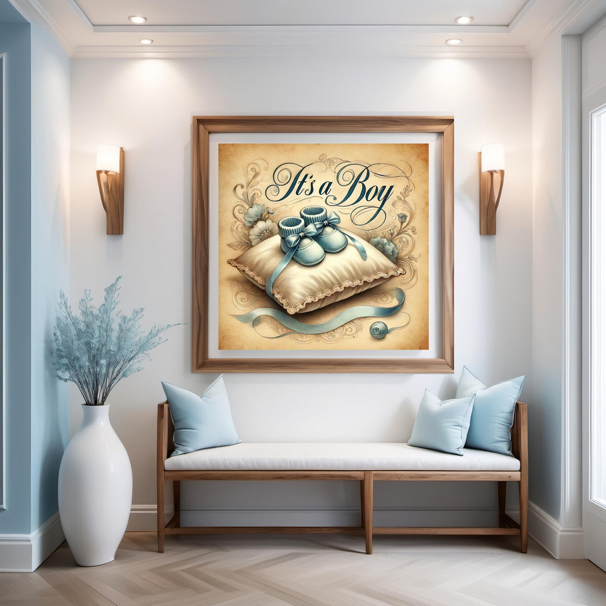 Vintage It's A Boy Print: Blue Booties, Victorian Baby Shower Decor (Digital Download)