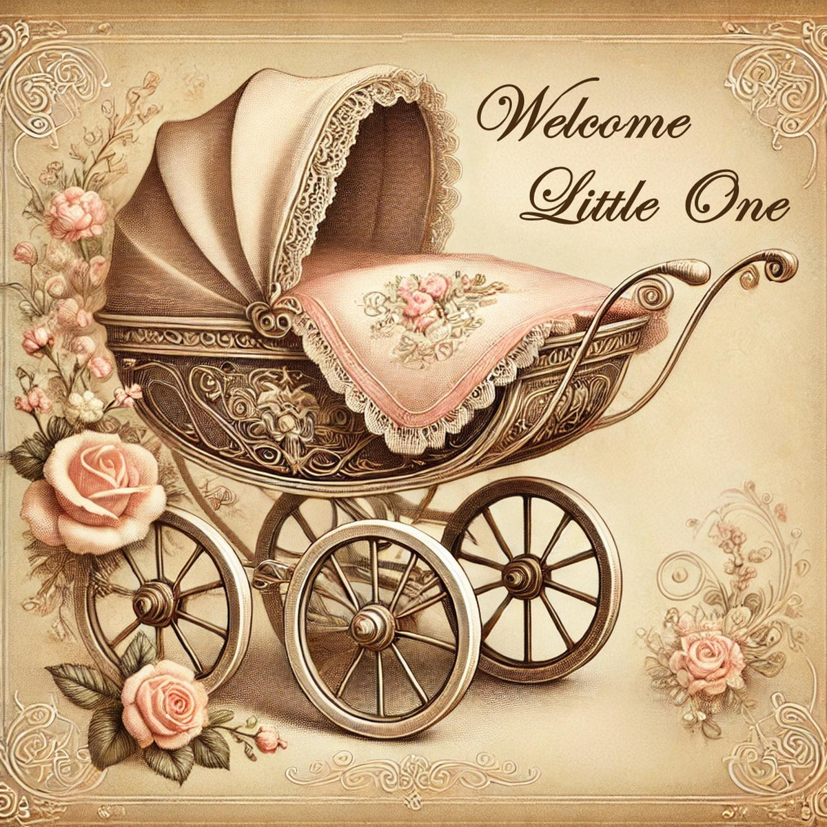 Vintage Baby Pram Print: Pink Antique Carriage Nursery Decor (Digital Download)