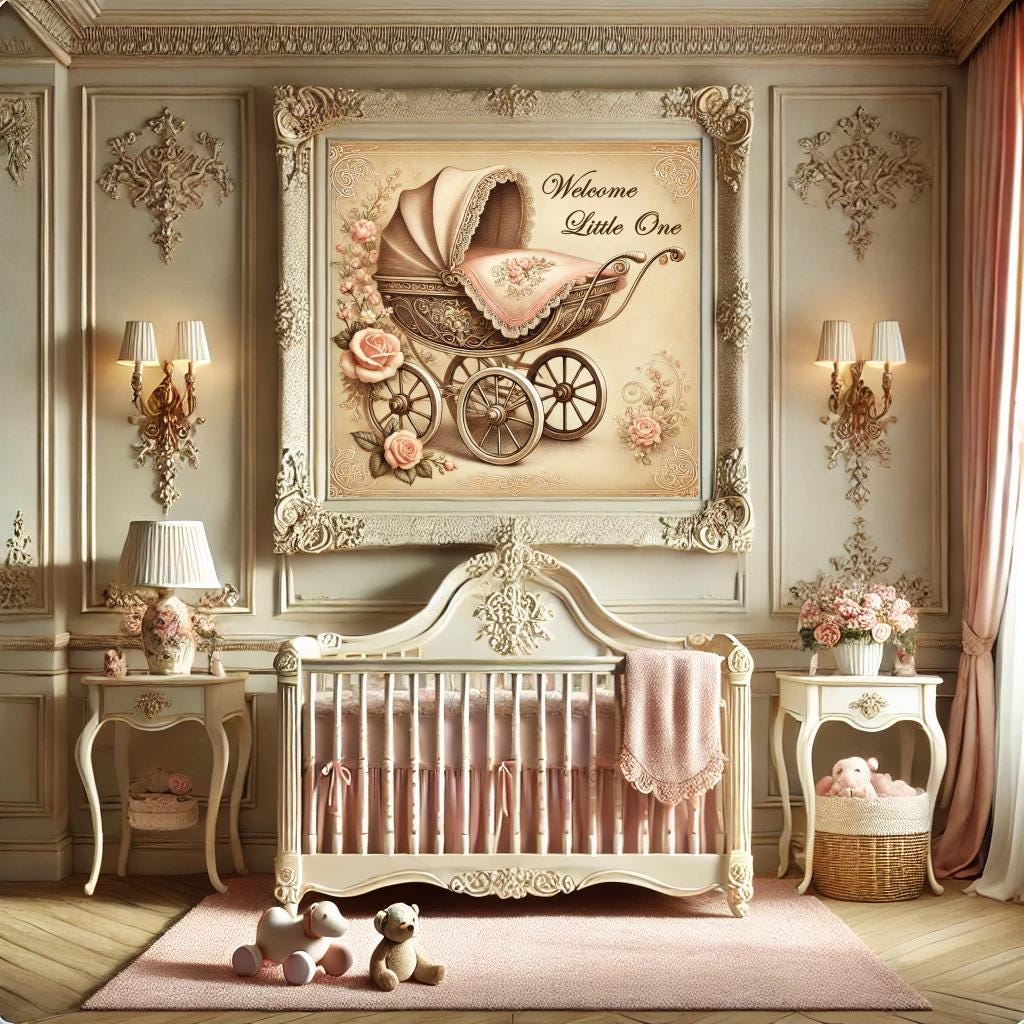 Vintage Baby Pram Print: Pink Antique Carriage Nursery Decor (Digital Download)