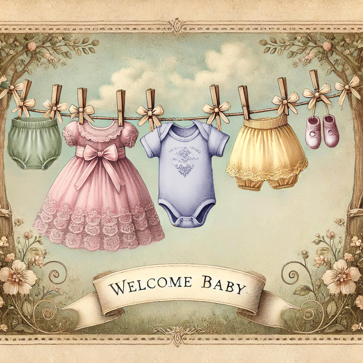 Vintage Baby Clothesline Art: Pastel Nursery Decor (Digital Download)