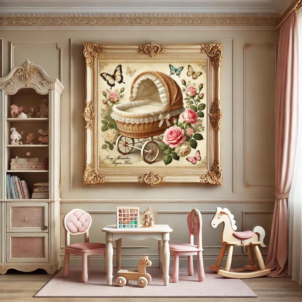 Vintage Baby Bassinet Print: Butterfly & Roses Nursery Decor (Digital Download